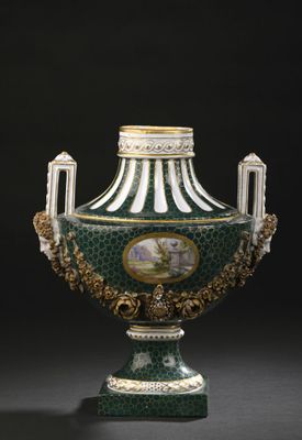 a green and white vase with a picture of a man on it