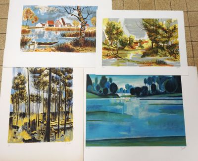 four paintings of different landscapes are displayed on a tile floor