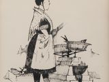 dessin représentant une femme en kimono debout à côté d'un oiseau