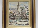tableau représentant des bateaux dans un port, avec une église en arrière-plan