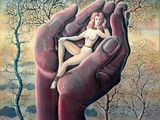 un tableau représentant une femme assise sur la main d'une personne