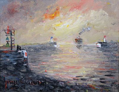oil painting of a sunset over the ocean with boats in the water