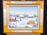 une peinture représentant un car scolaire par temps de neige