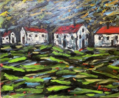 painting of a painting of a house in a field with a sky background