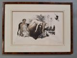 painting of a woman laying on a buffalo in a wooded area