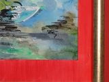 a picture of a painting of birds flying over the water