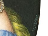 portrait of a woman in a blue dress with a pearl necklace and pearl earrings