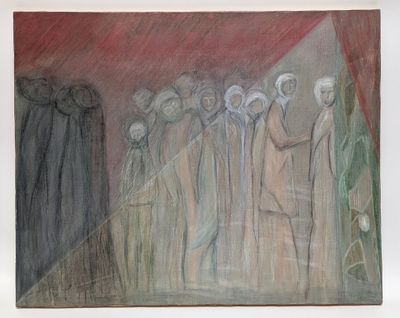 a painting of a group of people standing in a line