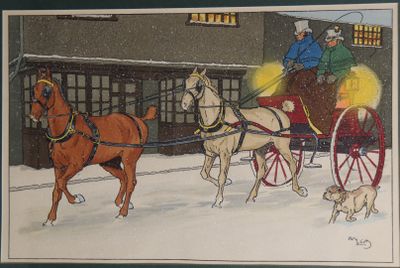 a painting of a horse drawn carriage being pulled by two dogs