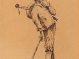 an old drawing of a man with a cane and a hat