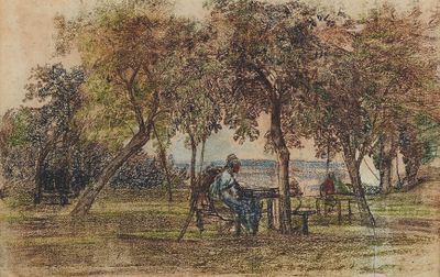 dessin représentant deux personnes assises à une table sous un arbre