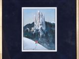 painting of a person skiing down a snowy mountain with a mountain in the background