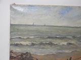 a painting on the wall of a beach with a sailboat in the distance