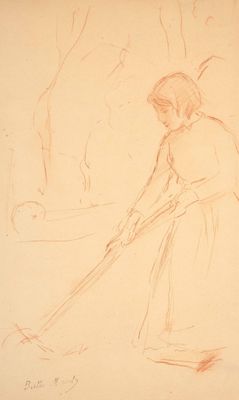 dessin au crayon représentant une femme en train de balayer le sol avec une serpillière