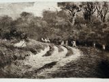 drawing of a group of people riding horses down a dirt road