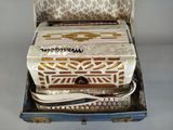 a white accordion sitting in a box on a table