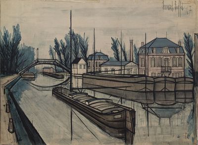 dessin représentant un bateau amarré dans un port, avec un bâtiment en arrière-plan