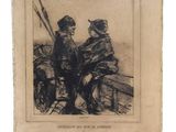 une vieille photo montrant deux hommes assis sur un bateau à l'eau