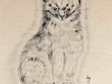 dessin représentant un chat assis par terre, les yeux ouverts