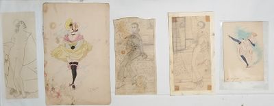 five drawings on the wall of a room, one of which is a woman in a dress and the other of which is a woman in a dress