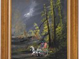 une peinture à l'huile représentant un homme dans une calèche tirée par des chevaux, dans les bois