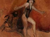 une image représentant un tableau où l'on voit une femme en maillot de bain debout à côté d'un cheval