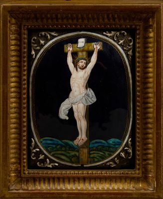 an image of a painting of jesus on the cross in a gold frame