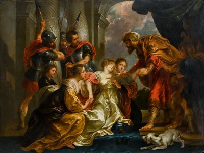 une image représentant un tableau où l'on voit un groupe de personnes et un chien