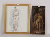deux tableaux représentant un homme et une femme, posés l'un à côté de l'autre sur une étagère