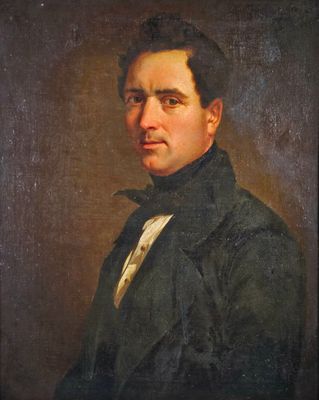 une peinture à l'huile représentant un homme vêtu d'un manteau noir et d'une chemise blanche
