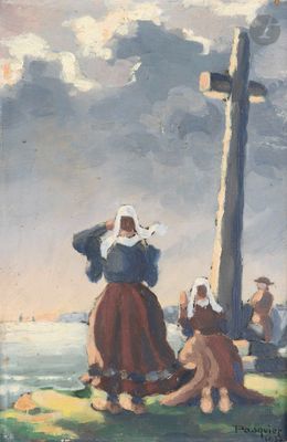 une image représentant un tableau où l'on voit une femme debout à côté d'une croix