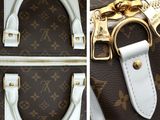 two pictures of a brown and white louis vuitton bag with gold hardware