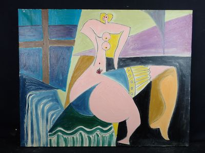 un tableau représentant une femme nue assise sur un canapé