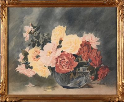 une peinture de roses dans un vase sur une table