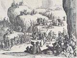 a drawing of a large group of people gathered around a mountain