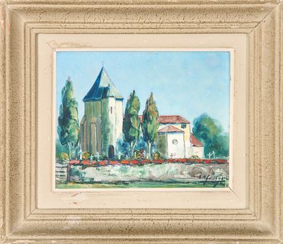 an oil painting of a castle in a field with trees