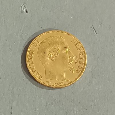 Pièce de 20 francs or jaune, Napoléon III tête nue, 1857,