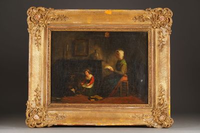 an old painting of a woman reading to a child in a room