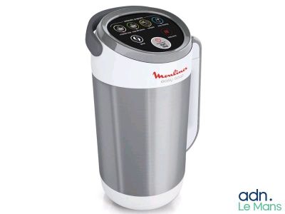 an image of a silver and white blender sitting on top of a counter