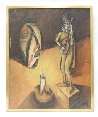 un tableau représentant un homme debout à côté d'un vase et d'une bougie