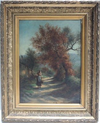 une peinture à l'huile représentant une femme promenant son chien sur un sentier