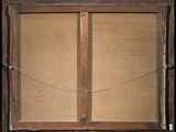 an old picture of a wooden frame with a rope hanging from it