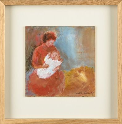 tableau représentant une femme tenant un bébé dans ses bras, dans un cadre en bois