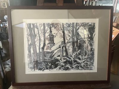 une photo d'une photo d'une église dans les bois