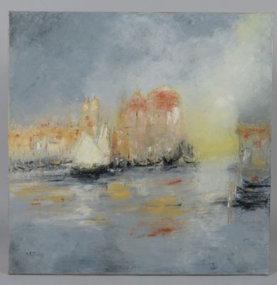 une peinture à l'huile représentant des bateaux dans un port avec des bâtiments à l'arrière-plan