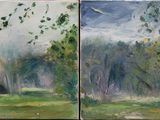 deux tableaux représentant un champ avec des arbres et un oiseau dans le ciel