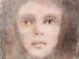 an image of a painting of a woman ' s face with brown eyes