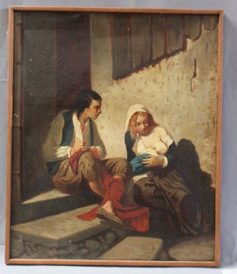 tableau représentant un homme et une femme assis sur les marches d'un immeuble