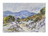 a watercolor painting of a dirt road with mountains in the background