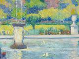 a painting of a man sitting on a bench in a park